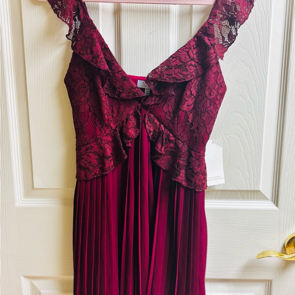 Tobi Wine Lace Ruffle Mini Dress